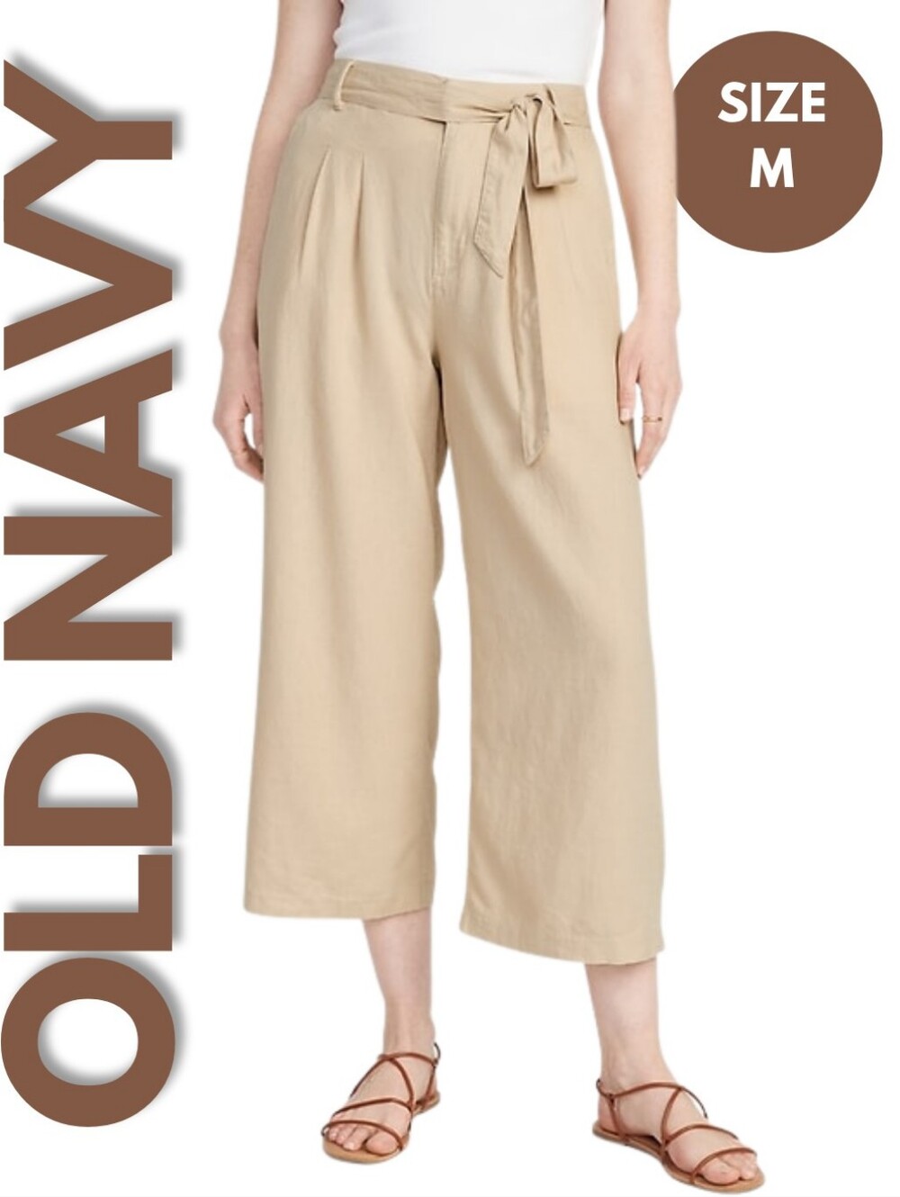 NWT Old Navy Beige High-Waisted Linen Belted Cropped Wide-Leg Pants Size M